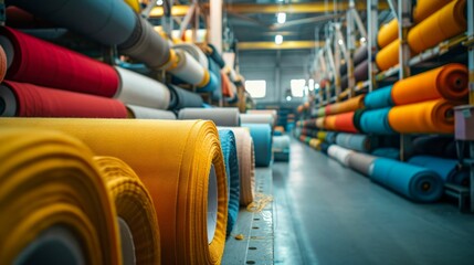 Colorful Fabric Rolls in Textile Factory. Generative ai