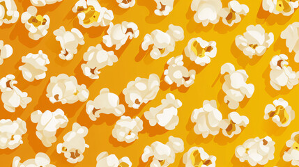 Close up of a bunch of popcorn on a yellow background. Top view of popcorn.