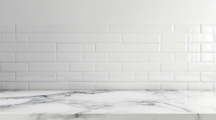 Minimalist white tile backsplash and marble countertop in a modern kitchen interior.