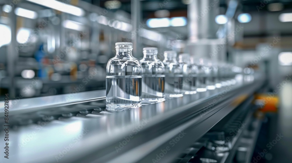Poster plastic bottles on production line in factory. generative ai