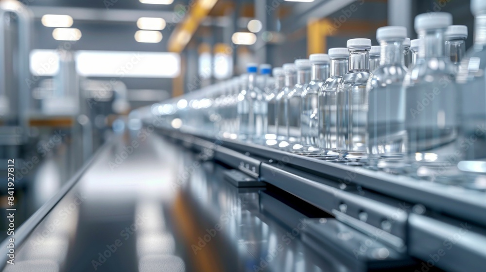 Poster plastic bottles on production line in factory. generative ai