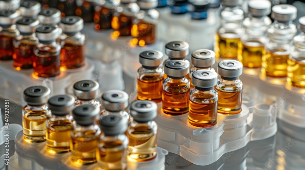 Poster rows of vials with colorful liquid in laboratory. generative ai