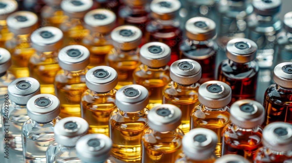Poster rows of vials with colorful liquid in laboratory. generative ai