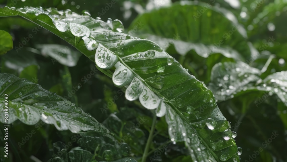 Poster intimate view capturing the interaction of raindrops with leaf surfaces