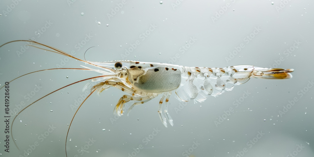 Wall mural Small transparent shrimp floating in water on a white background.