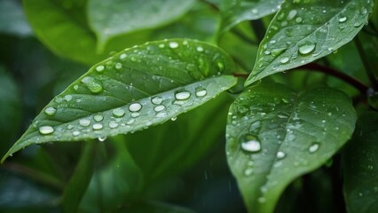 Close-up shot highlighting the interaction between rain and leaves