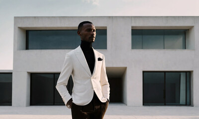 A man in a white suit is standing in front of a modern building. He has his hands in his pockets and is looking at the camera.

