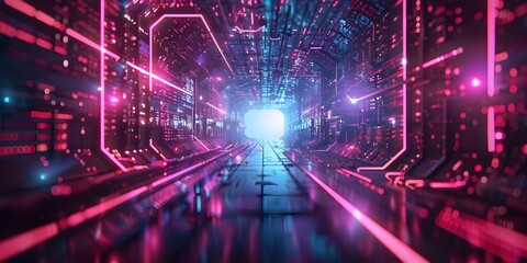 Fototapeta premium Neon Cyberpunk-Themed Wallpaper for Computer Backgrounds and Digital Displays. Concept Cyberpunk Aesthetics, Neon Lights, Futuristic Art, Computer Backgrounds