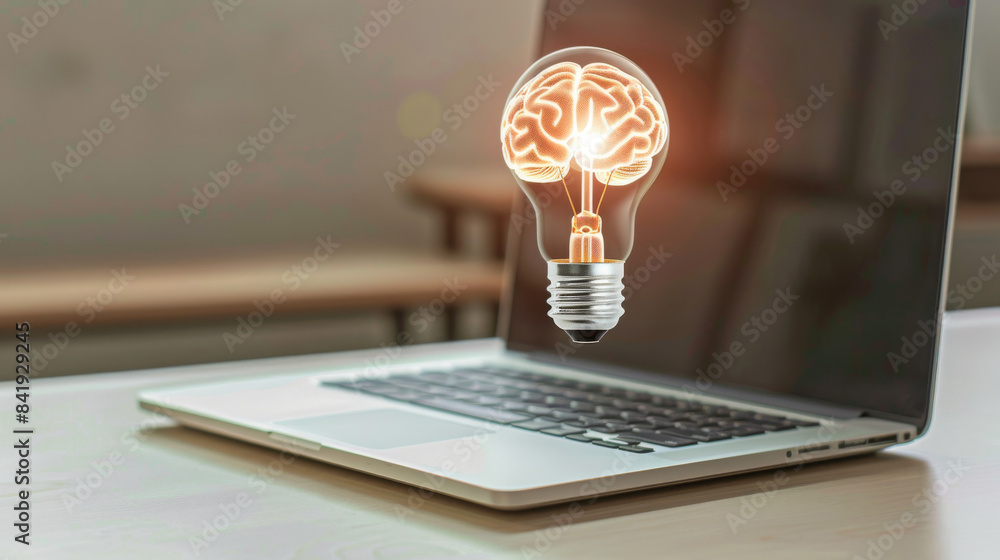 Poster a light bulb with a brain inside of it and a laptop computer. concept of idea, solution and creativi