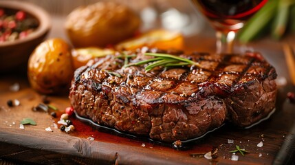 Closeup of a perfectly cooked steak and wine, elegant restaurant dinner, AIgenerated, warm and inviting