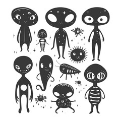silhouette hand drawn cute alien kawaii doodle collection black color only