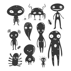 silhouette hand drawn cute alien kawaii doodle collection black color only
