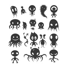 silhouette hand drawn cute alien kawaii doodle collection black color only