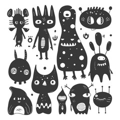 silhouette hand drawn cute alien kawaii doodle collection black color only