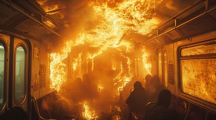 Fototapeta premium A subway car accident leads to a passenger train being engulfed in a devastating fire, creating a dramatic and distressing scene.