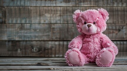 Cute teddy bear pink on old wood background