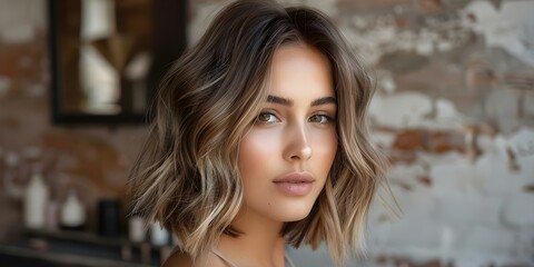 Obraz premium Modern Look Stylish Long Bob with Textured Waves and Subtle Highlights. Concept Hair Trends, Bob Hairstyle, Textured Waves, Subtle Highlights, Modern Look