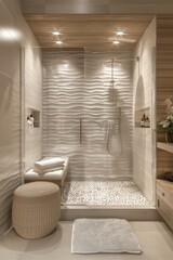 Young Woman Relaxing in a Luxurious Spa-Like Bathroom with Reeded Glass and Soft Lighting