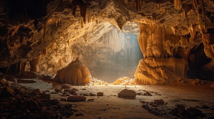 A cave entrance with a bright light shining through, illuminating the rock formations inside.  The cave is dark and mysterious, with a sense of wonder and adventure.