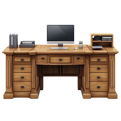 Modern Realistic 3D Office Desk with Detailed Design on Transparent Background - Front View