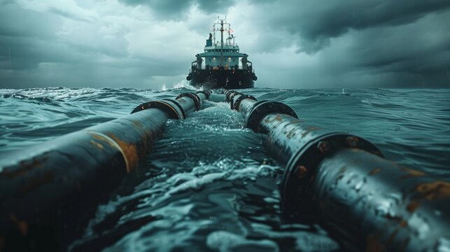 The image captures the laying of oil pipelines in the sea, a juxtaposition of industrial activity and the serenity of the ocean.