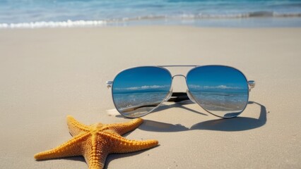 Beach scene with a starfish sporting sunglasses
