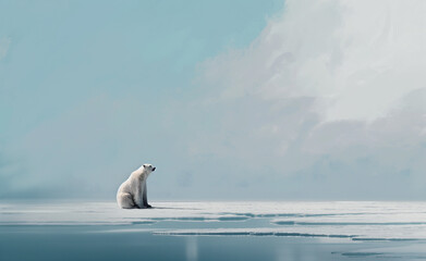 Naklejka premium Polar bear standing on an ice floe in the Arctic, surrounded by icy waters and snow-covered mountains.