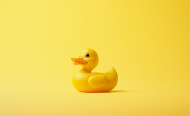 Fototapeta premium Yellow rubber duck on a matching yellow background.