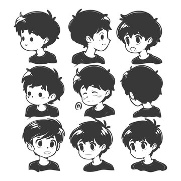 Nine Expressions: Anime Boy Character Sheet, Black and White Cartoon Style.