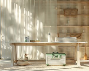 Minimalist Labor Day Setup with White Desk and Green Toolbox, Neutral-Toned Fabric Stripes Background, Photography Studio