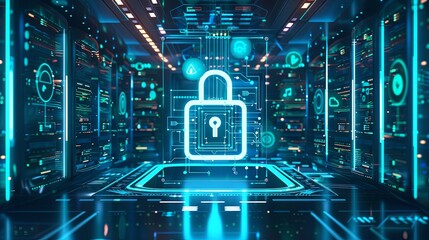 Cinematic Cyber Security Concept with Businessman Using Digital Tablet for Data Protection and Information Privacy. High-Tech Background Featuring Padlock, Shield with Checkmark, and Digital Archive i