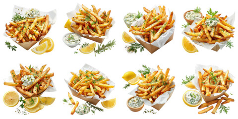 Set of Lemon Herb Fries With Tzatziki isolated on transparent png background. Generative ai