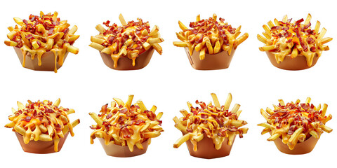 Set of Loaded Fries With Bacon And Cheese isolated on transparent png background. Generative ai