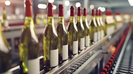Wine factory scene with red wine bottles moving on conveyor belts, minimalist design, photo realistic depiction of the filling process