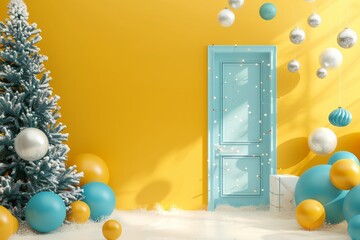 Festive Christmas Scene with Modern Yellow and Blue Minimalist Decor, Floating Ornaments and Geometric Shapes in High-Resolution