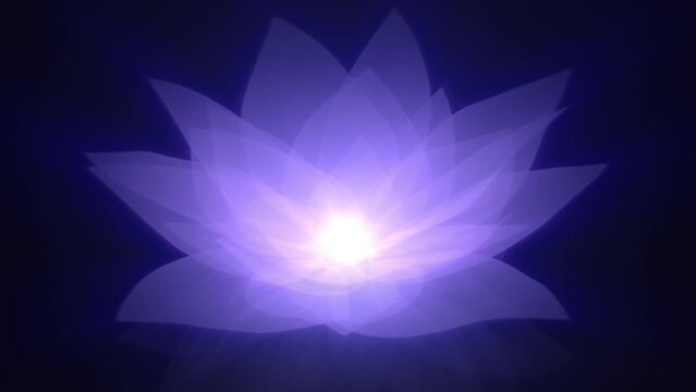 Looped background with lotus flower, symbol of yoga and spiritual enlightenment. Astral form with ethereal glow for trance music festival and esoteric performance visualization. Seamless loop 4k 60fps