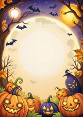 Festive halloween poster background featuring carved pumpkins, flying bats, and a full moon for event promotions, themed decorations, and holiday celebrations. Halloween backdrop with text space