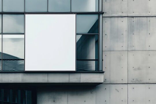 Large blank billboard on modern building facade with concrete and glass elements, dark lighting.  Generative AI - Powered by Adobe
