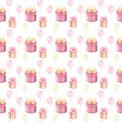 Festive seamless pattern with gift boxes and bows. Watercolor hand painted background.