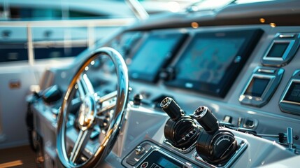 Close-up of a luxury yachts steering wheel and control panel