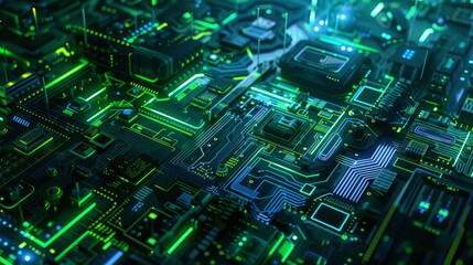 Futuristic glowing green motherboard with many connections