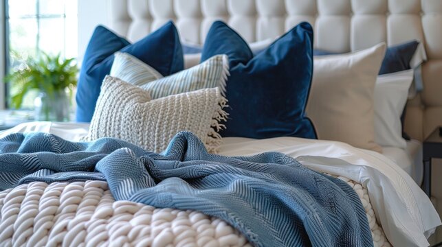 Close-up of a modern bed with a beautifully arranged throw blanket and pillows