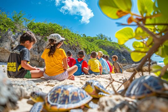 Engaged Family Learning About Sea Turtles from Marine Biologist on Sunny Beach during World Sea Turtle Day