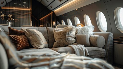 Close-up of a private jet interior with plush seating and elegant decor