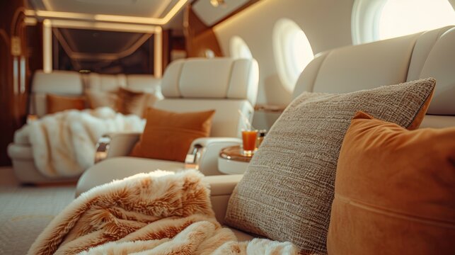 Close-up of a private jet interior with plush seating and elegant decor