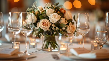 Close-up of a table setting at a wedding reception with name cards and centerpieces