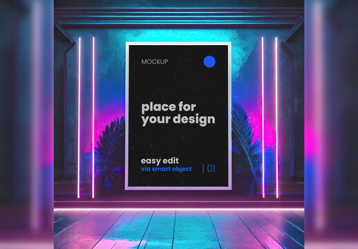 Single page frame poster Mockup neon vaporwave synthwave 02 Generative Ai