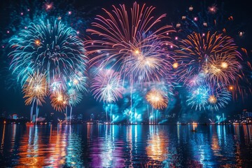 Vibrant display of colorful fireworks reflected in a serene body of water, capturing a festive and celebratory atmosphere under the night sky.