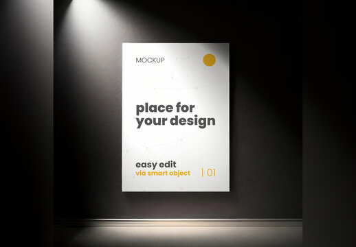 Single page on a dark wall spot light mockup 04 Generative Ai