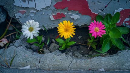 Vibrant Daisies Emerging from Cracked Pavement. Generative ai.